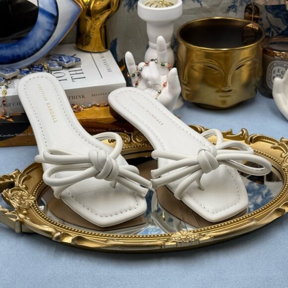 🆕 LOEFFLER RANDALL 🧿 NWOB Hadley Leather Bow Flat Sandals, White - Sz 6.5 B - Picture 3 of 12